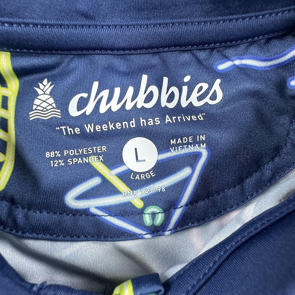 Chubbies Polo Shirt Mens Large Navy Tropical Flamingo Palm Trees Drinks Stretch - Picture 4 of 9